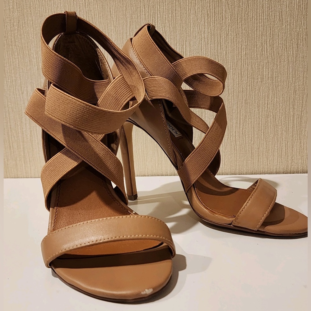 Steve Madden Open Toe Neutral Color Heels w/Elastic Crossing Straps sz 6 - Picture 6 of 14